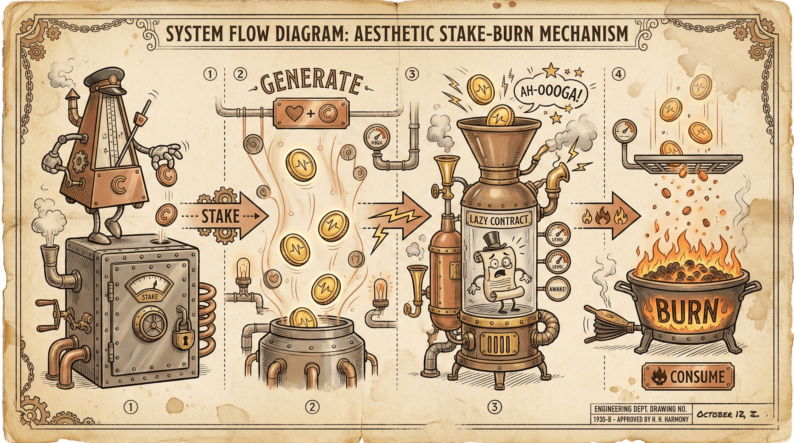 System Flow Diagram: Stake → Generate → Fuel → Burn Mechanism